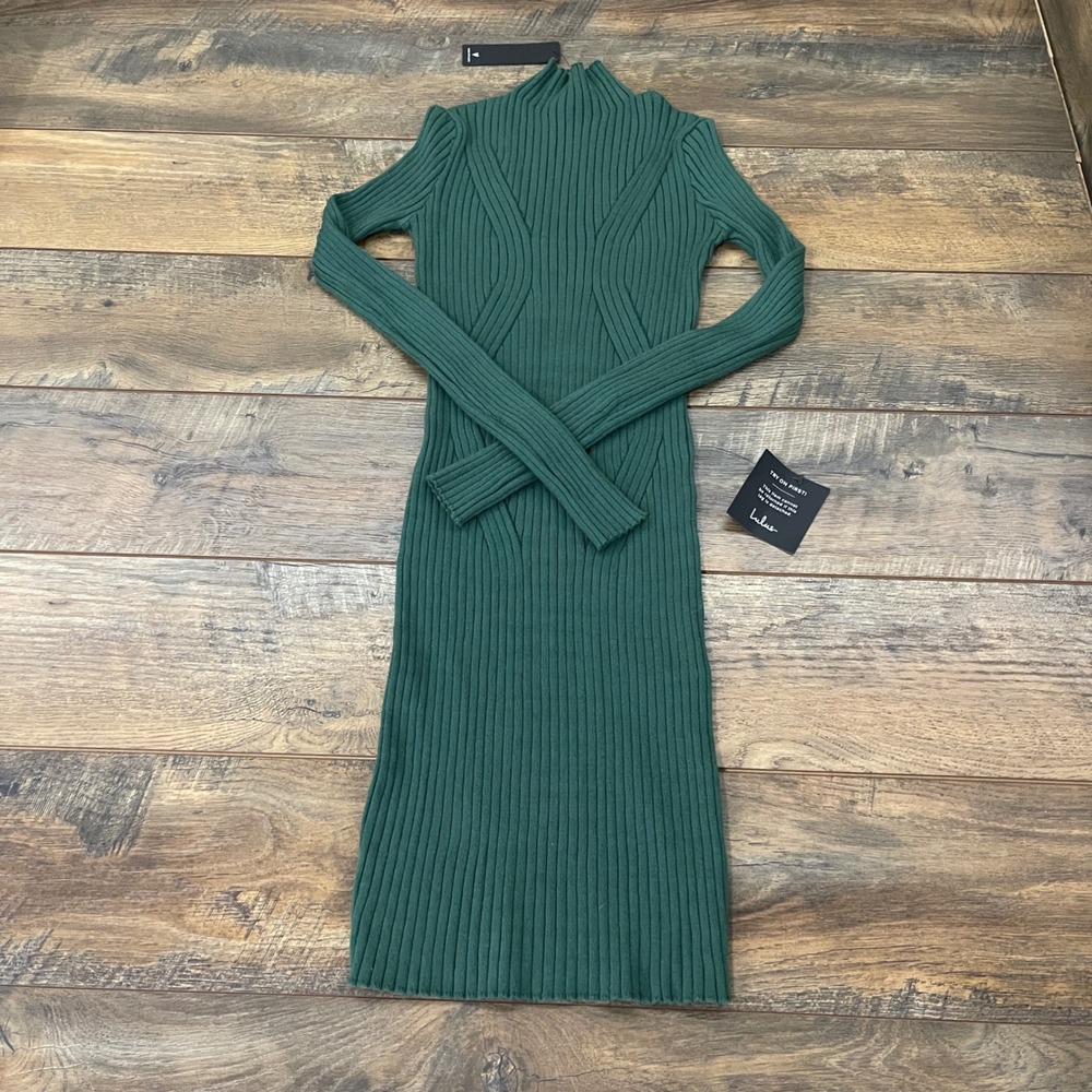 Lulus Dark Green Ribbed Mock Neck Long Sleeve Bodycon Midi Dress Small NEW
